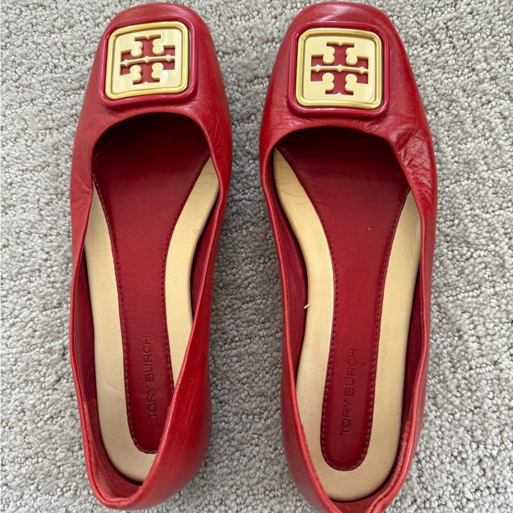 Tory Burch Red Flats with Gold Logo